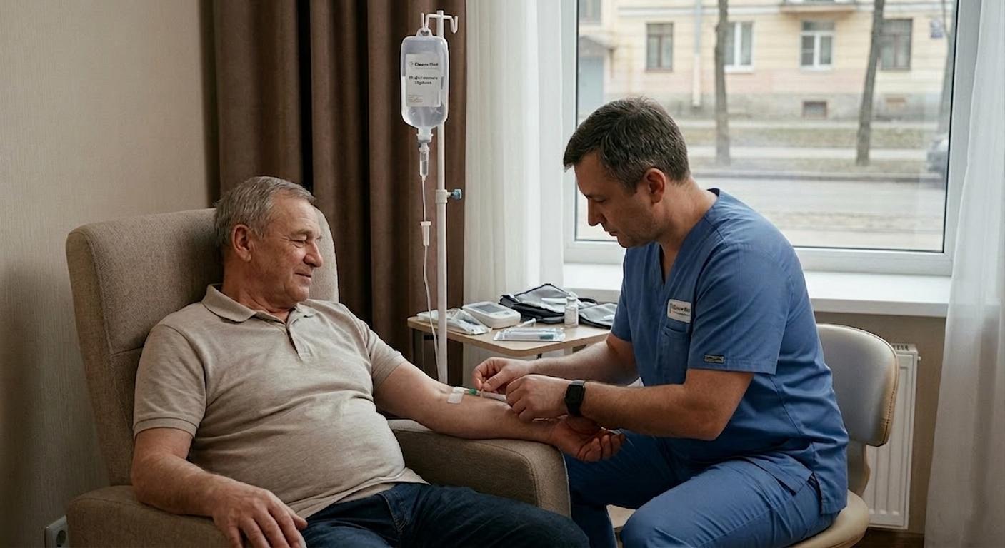 Врач-нарколог клиники аккуратно устанавливает внутривенный катетер пациенту в домашней обстановке для вывода из запоя.
