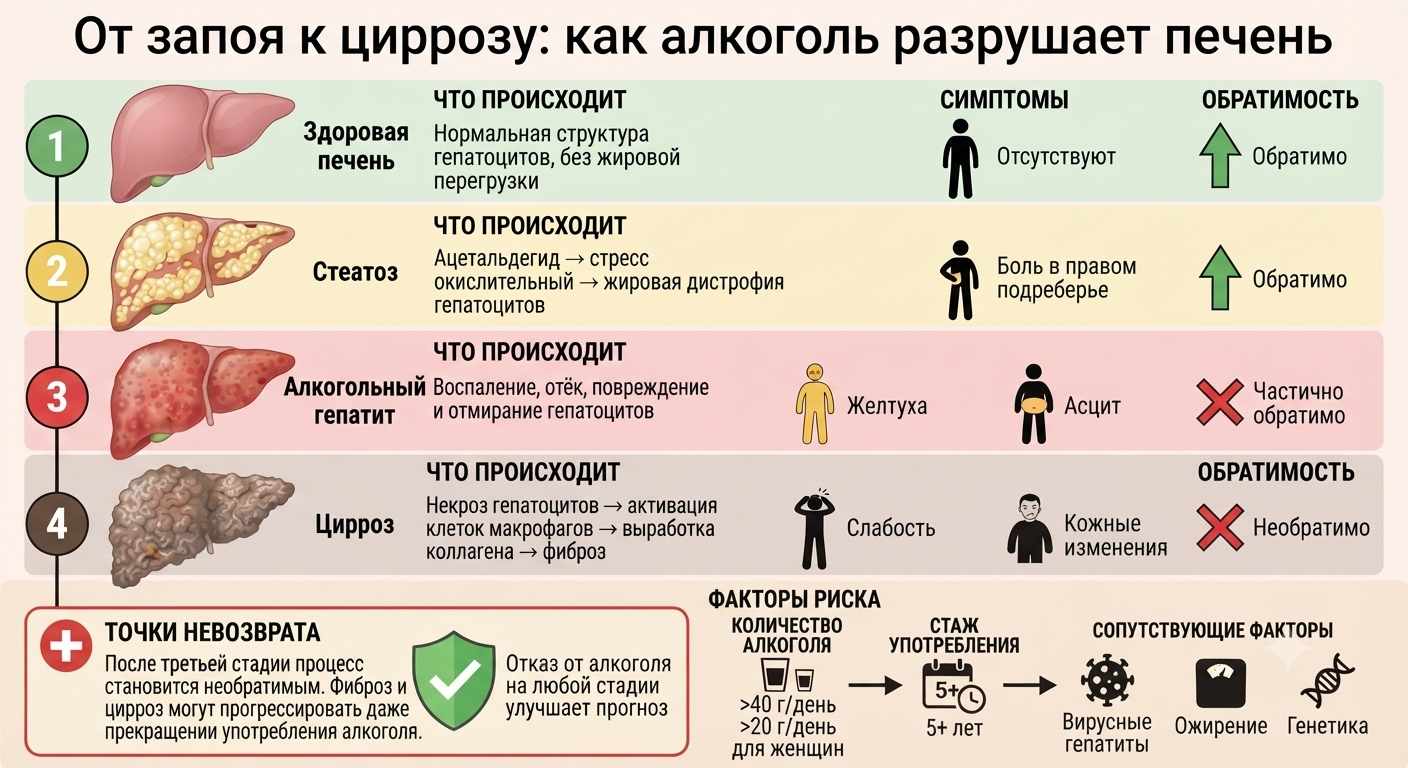 Схема четырех стадий деструкции печени алкоголем с описанием симптомов, процессов и обратимости изменений на каждом этапе