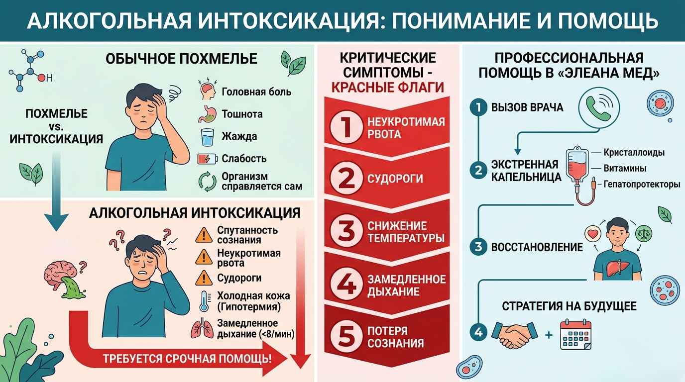 Инфографика, сравнивающая симптомы обычного похмелья и опасной алкогольной интоксикации, требующей медицинской помощи.